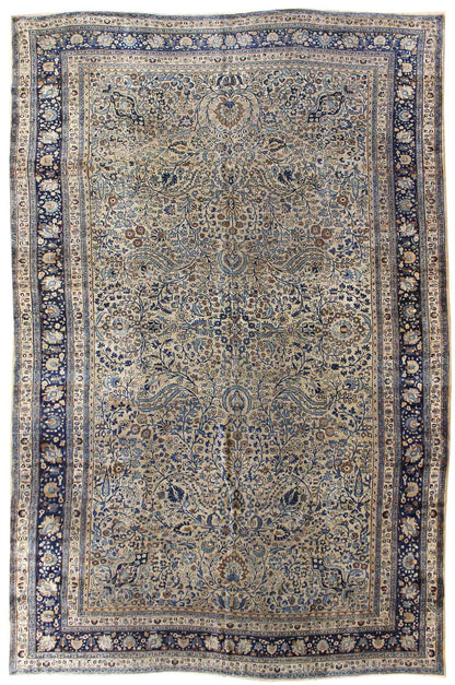 Antique Mashad handwoven rug, JF6560: traditional design, ivory & blue floral pattern.
