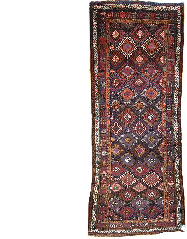 Antique Hooked Lozenges Handwoven Tribal Rug JF3212: Rich burgundy, deep blues, intricate diamond pattern.
