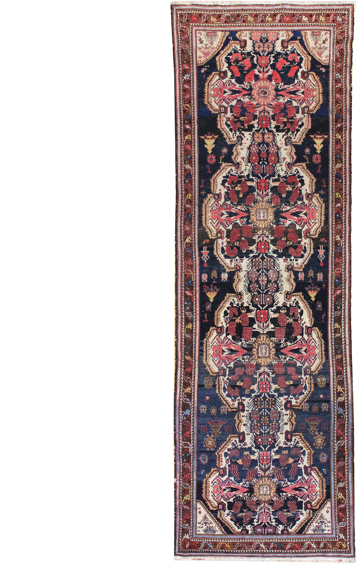 Antique Malayer handwoven tribal rug, JF6958, navy blue with red & cream floral patterns.
