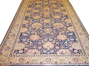 Agra Handwoven Traditional Rug J8892: navy blue, floral pattern, beige border.
