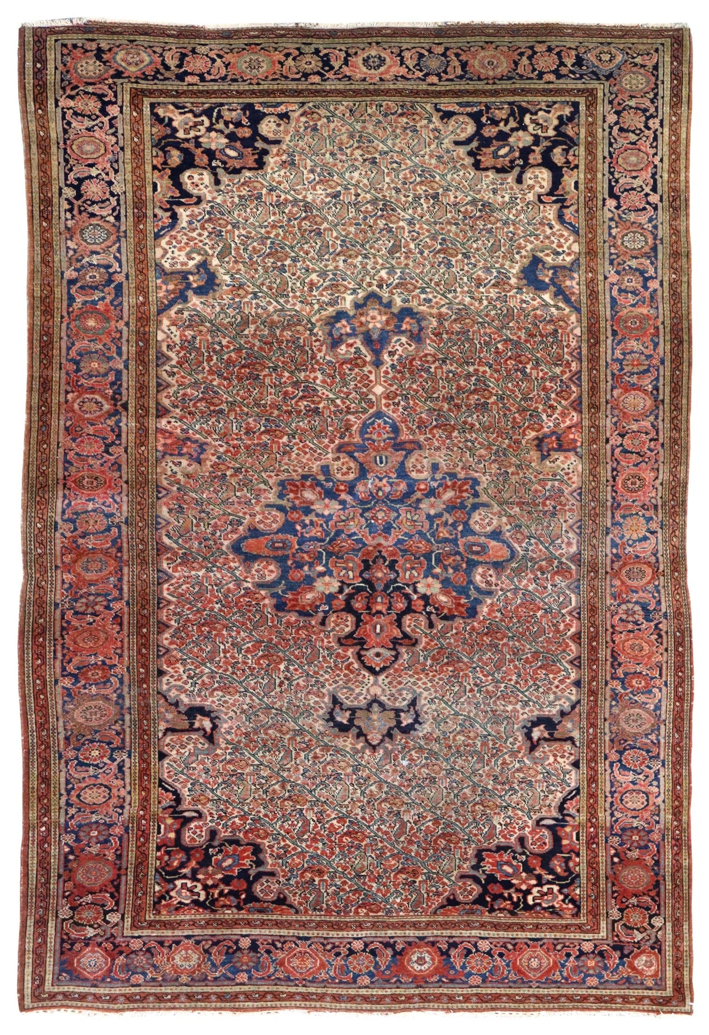 Antique Ferahan Sarouk rug J66278: Handwoven traditional rug with intricate floral design, rich reds & blues.
