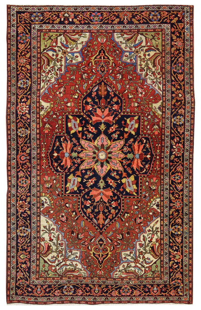 Antique Ferahan Sarouk handwoven rug, JF8174: traditional design, red and navy floral pattern.
