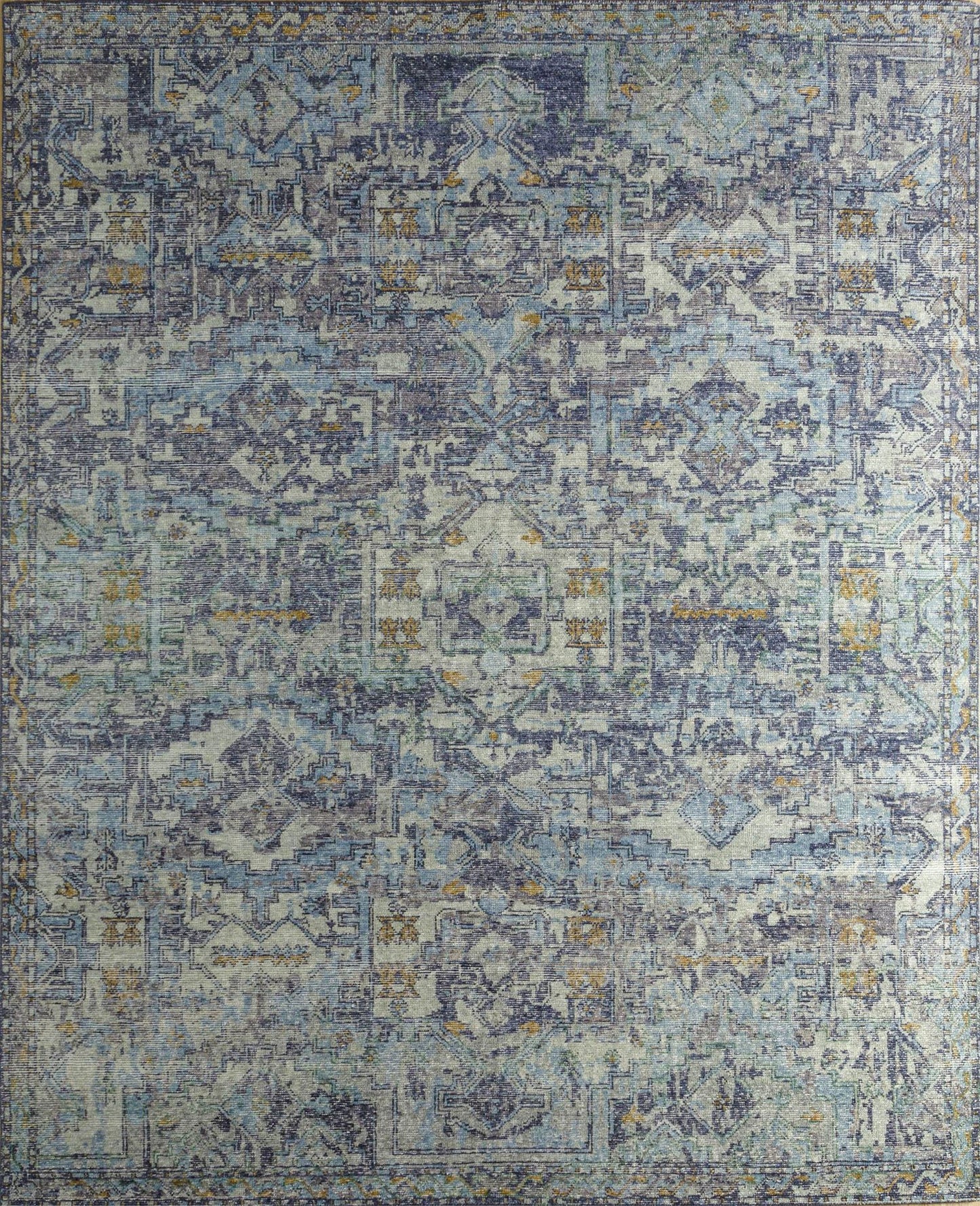 Amristar Handwoven Transitional Rug J68838: Blue, grey, and gold handwoven rug with intricate pattern.
