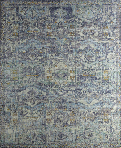 Amristar Handwoven Transitional Rug J68838: Blue, grey, and gold handwoven rug with intricate pattern.
