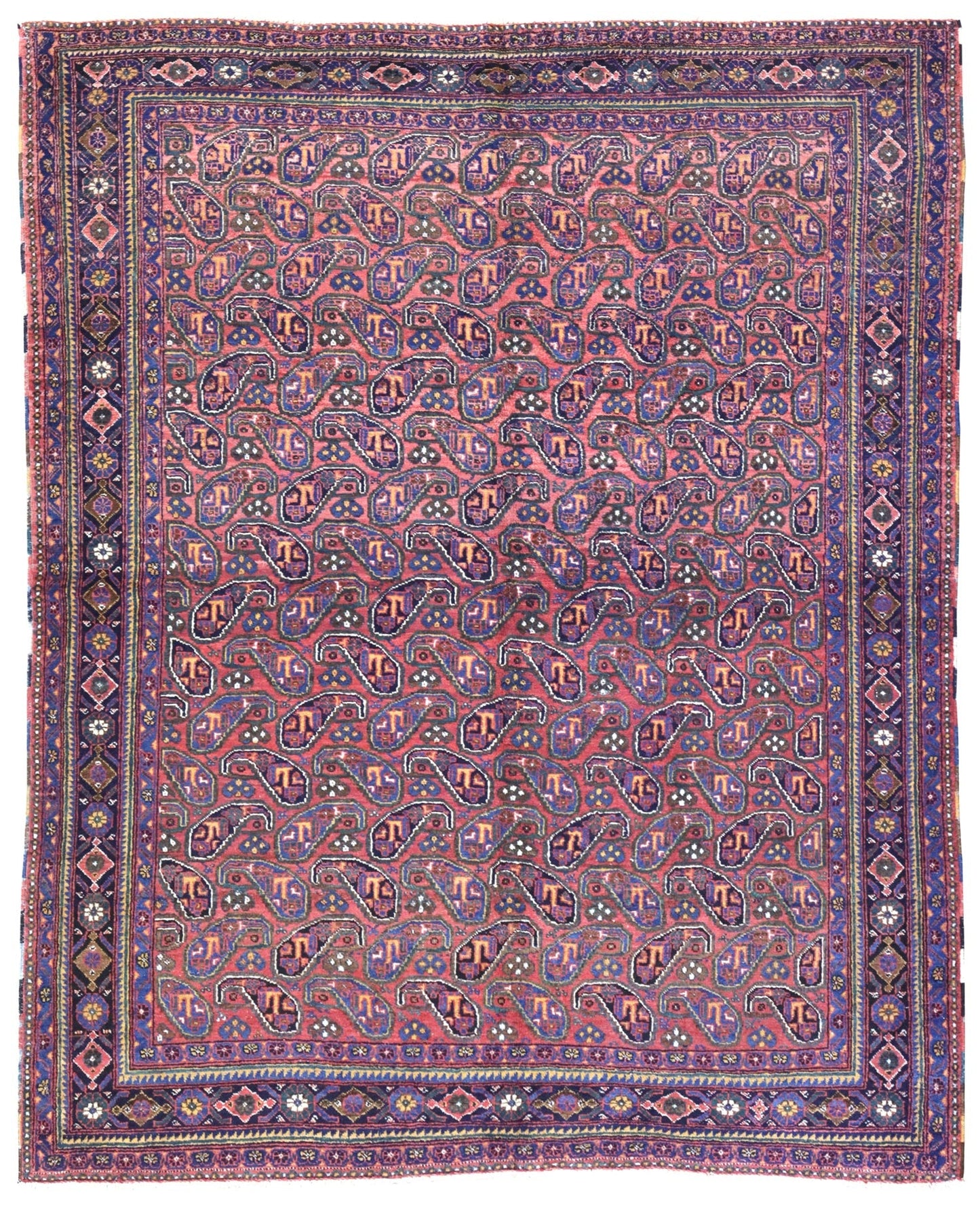 Antique Afshar Tribal Rug J65823: Handwoven, pink & blue paisley pattern, detailed border.
