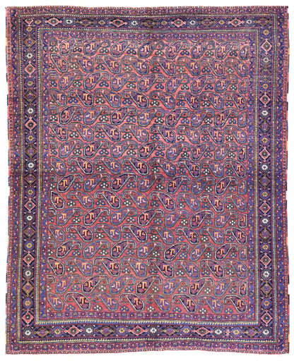 Antique Afshar Tribal Rug J65823: Handwoven, pink & blue paisley pattern, detailed border.
