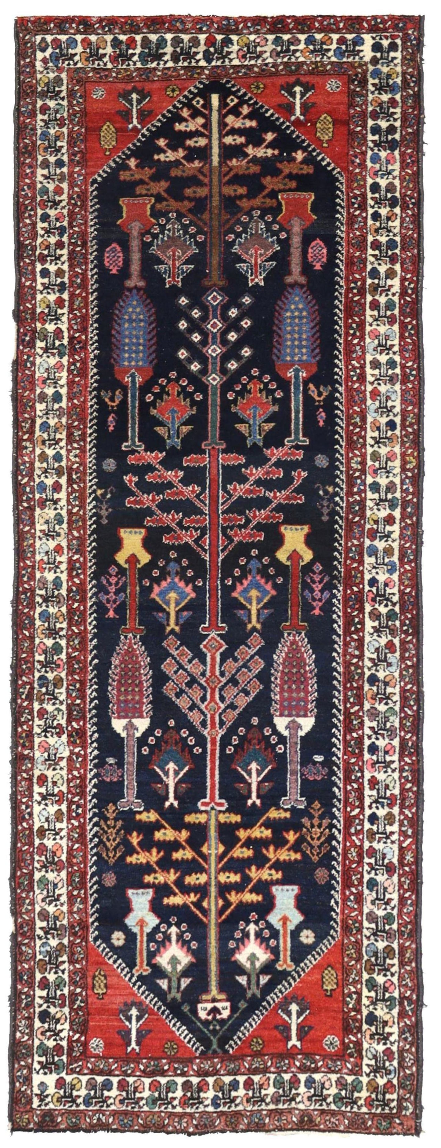 Antique Bakhtiari handwoven tribal rug J67494, navy blue field with red & ivory border, tree of life design.
