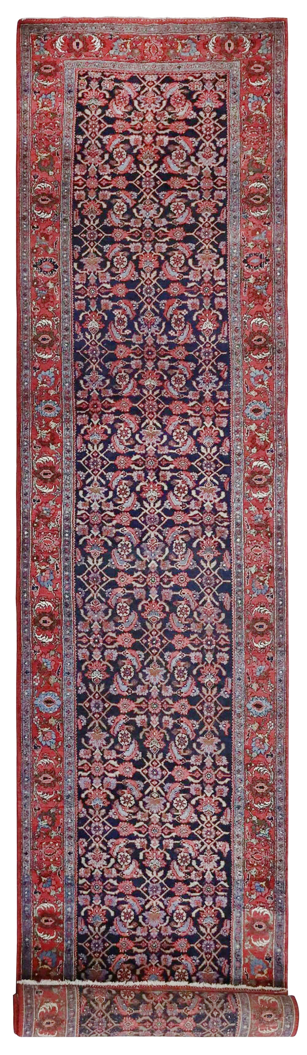 Antique Bijar Handwoven Tribal Rug J68064: Red & navy floral pattern, handwoven detail.
