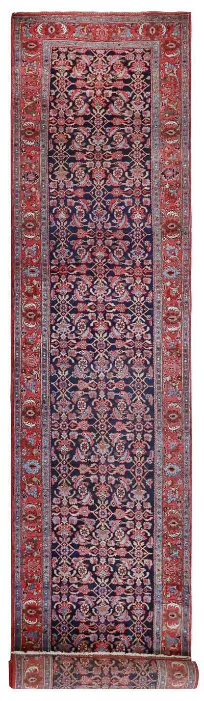 Antique Bijar Handwoven Tribal Rug J68064: Red & navy floral pattern, handwoven detail.
