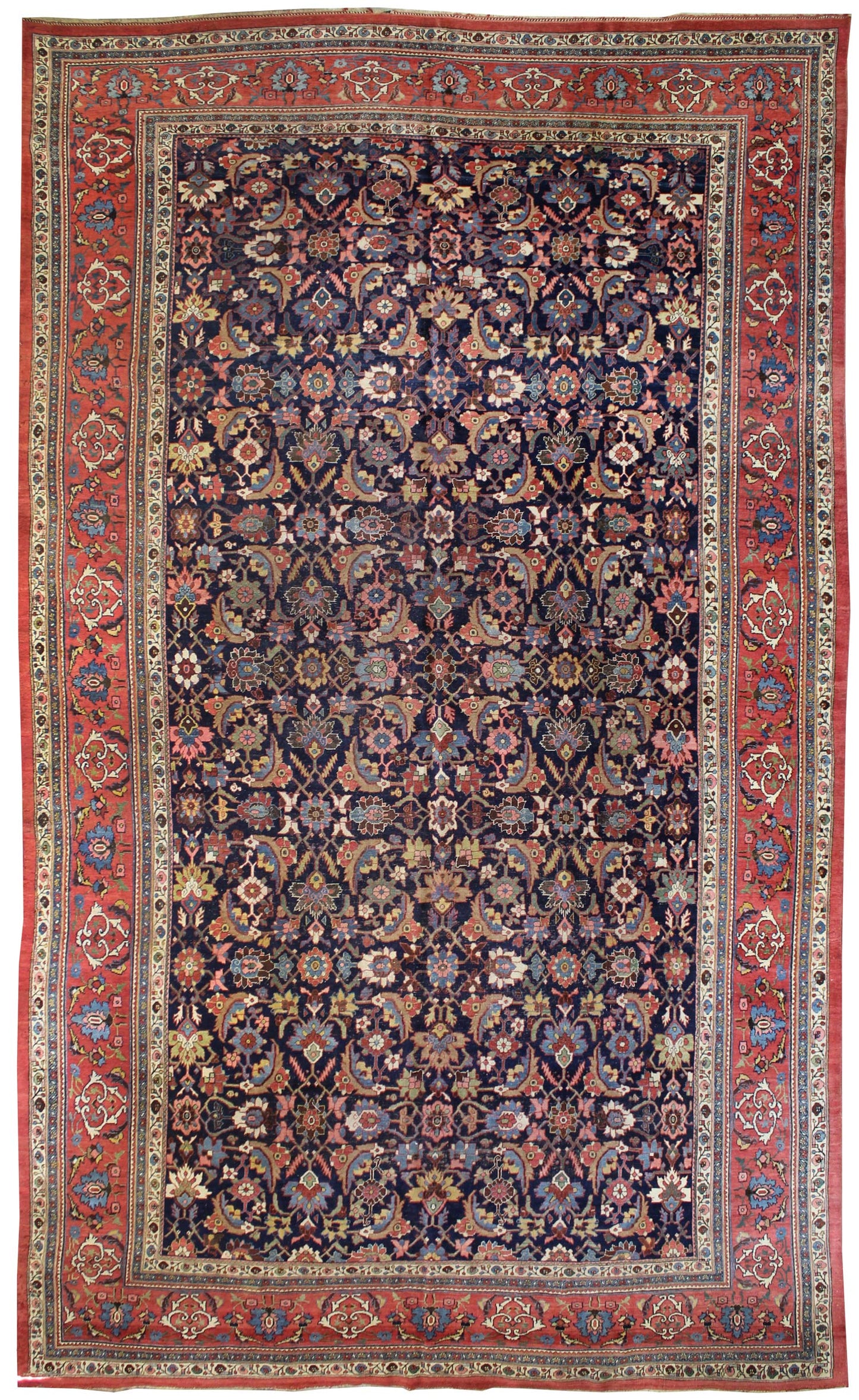 Antique Bijar Handwoven Tribal Rug JF8505: richly detailed floral pattern, navy blue field, red border.
