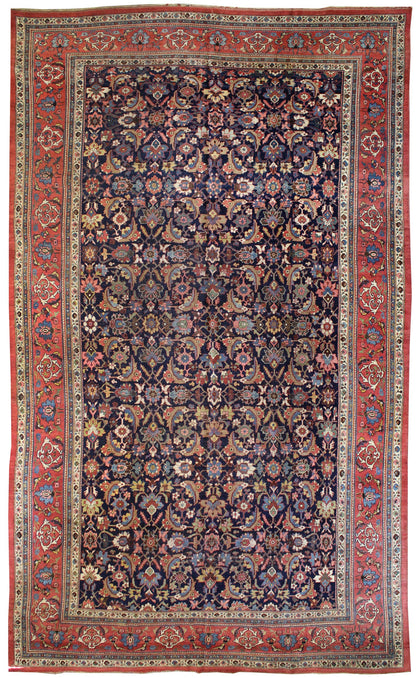 Antique Bijar Handwoven Tribal Rug JF8505: richly detailed floral pattern, navy blue field, red border.
