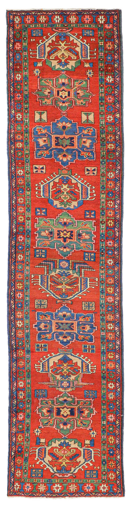 Antique Heriz handwoven tribal rug J69860: red, blue, green, hand-knotted wool, intricate tribal design.
