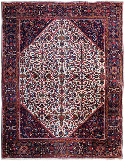 Antique Mahal Handwoven Tribal Rug JF8426: Red, ivory, and navy intricate design.
