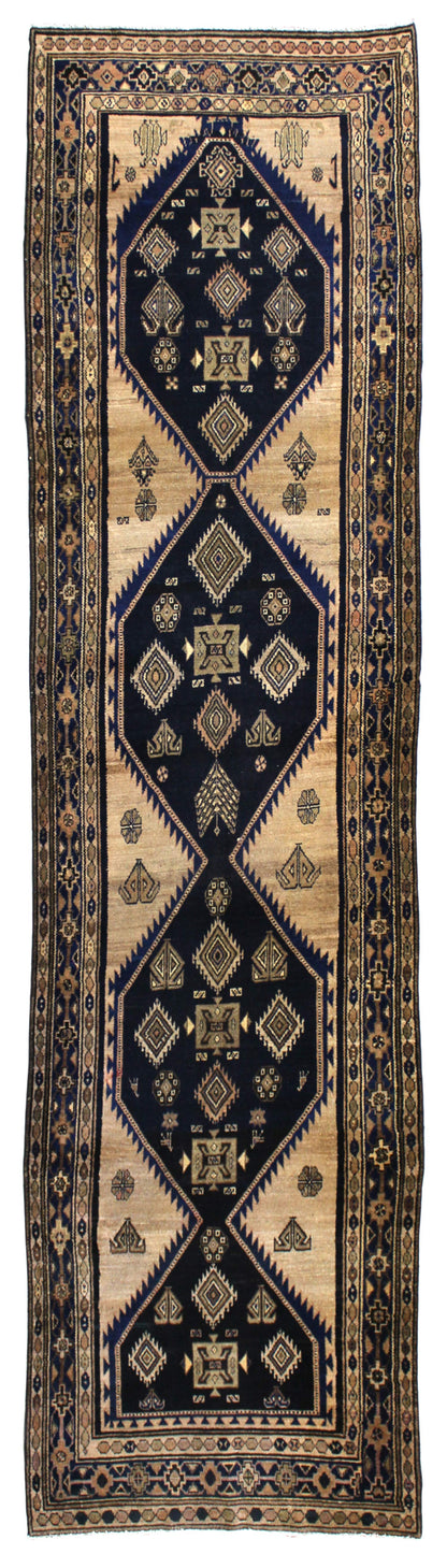 Antique Malayer handwoven tribal rug, J63616: navy & beige, intricate geometric pattern.
