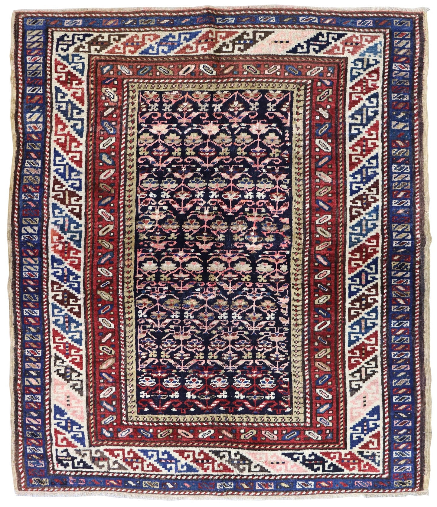 Antique NW Persian handwoven tribal rug J66202: richly colored, detailed floral & geometric patterns.
