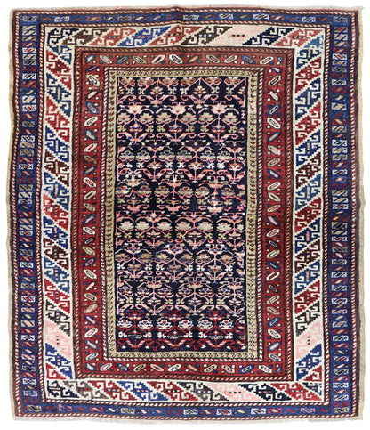 Antique NW Persian handwoven tribal rug J66202: richly colored, detailed floral & geometric patterns.
