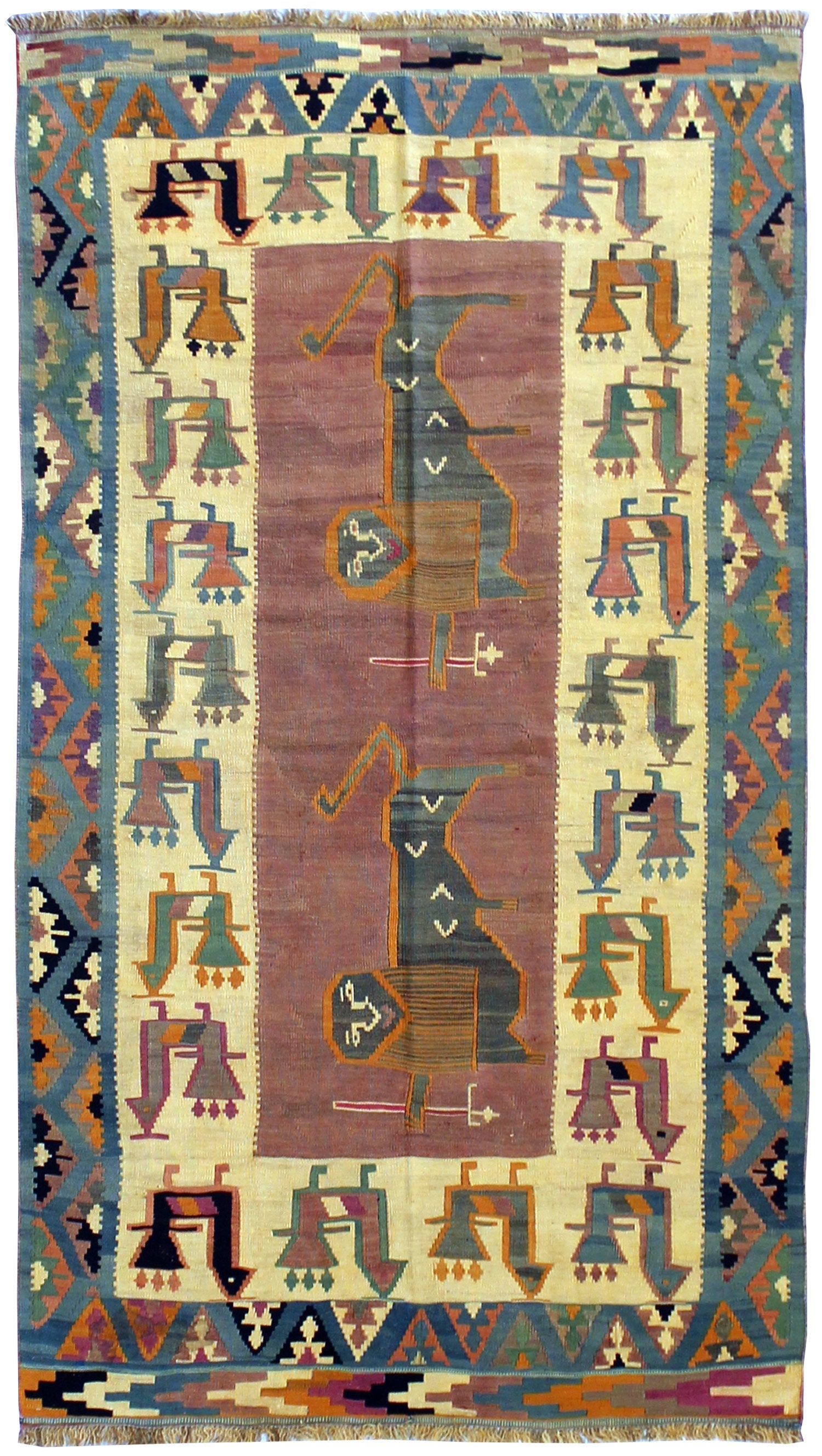 Vintage Qashqai Lion Kilim Handwoven Tribal Rug